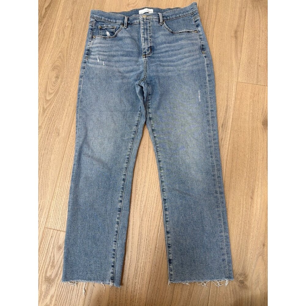 Loft High-Rise Straight-Leg Frayed Hem Jeans Womens Size 27 Distressed Blue Deni